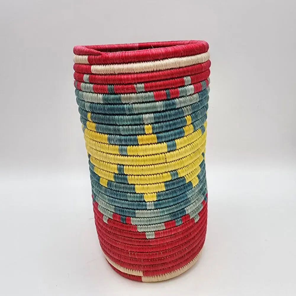 Anthropologie Rafia Woven Utensil Basket Vase African Aztec Tribal Cylinder Boho